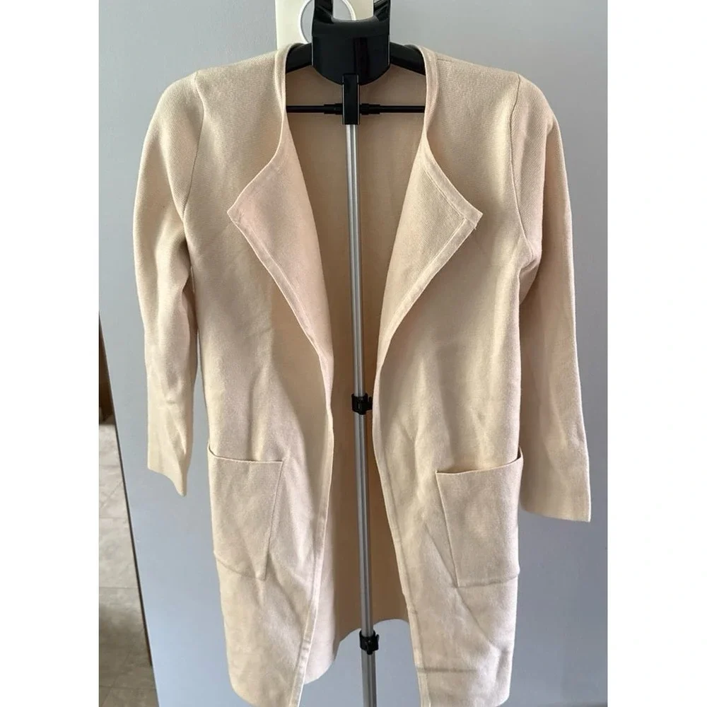 Women's Cream Long Open  Cardigan‎ 2 large front pockets size small